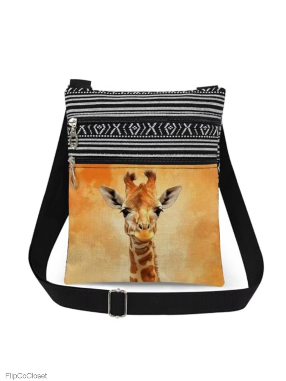Giraffe Print Crossbody Bag Polyester Adjustable Strap Double Zipper